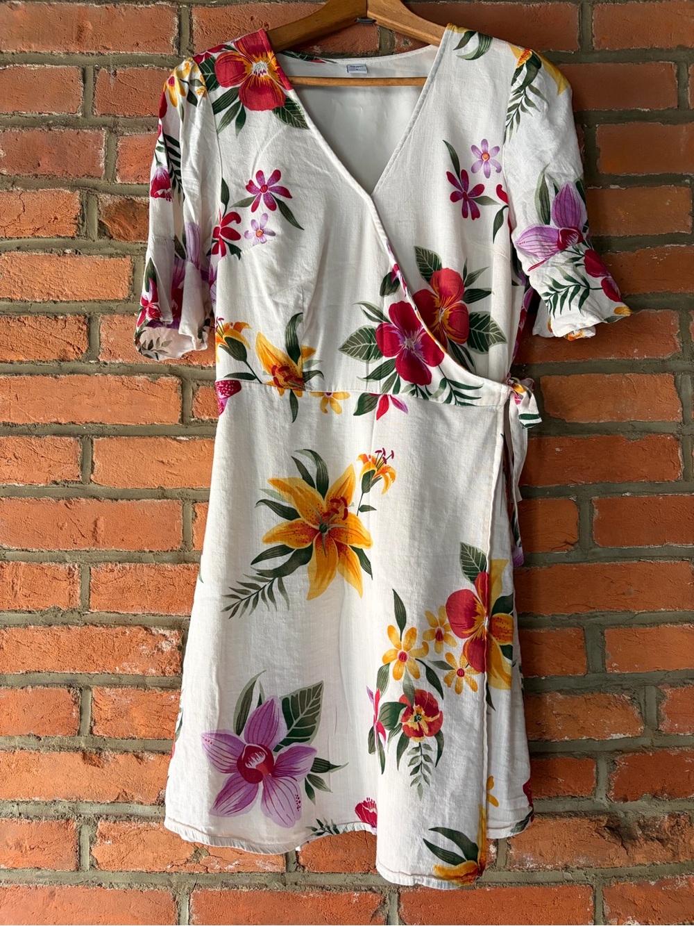 Old Navy Tropical Floral Cream Wrap Mini Dress Cotton Blend, size S